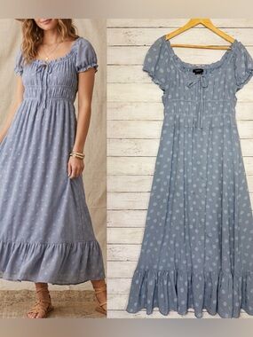Papillon Swiss Dot Maxi Dress Size L Blue Puff Sleeve Cottagecore Boho